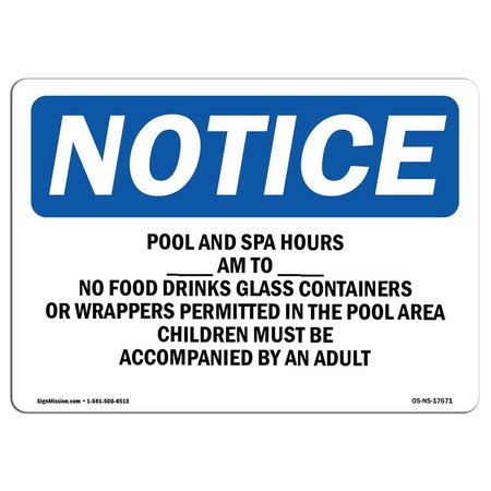 SIGNMISSION OSHA, Pool & Spa Hours ____ Am To ____ Pm No Food, 5in X 3.5in, 10PK, 5" W, 3.5" H, Landscape, PK10 OS-NS-D-35-L-17671-10PK